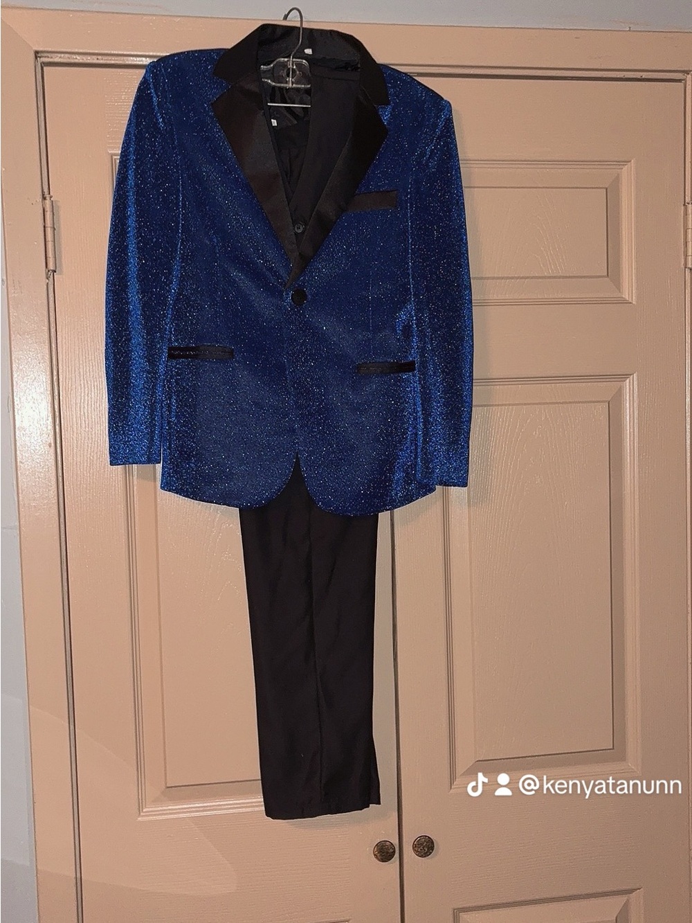 Boys Blue Sparkle Jacket 3 piece suit with Black Lapel